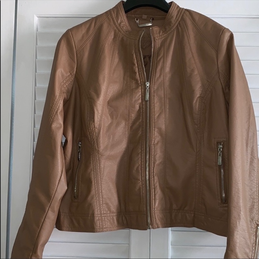 Tan Faux Vegan Leather Moto Motorcycle Jacket Coat - Picture 2 of 5